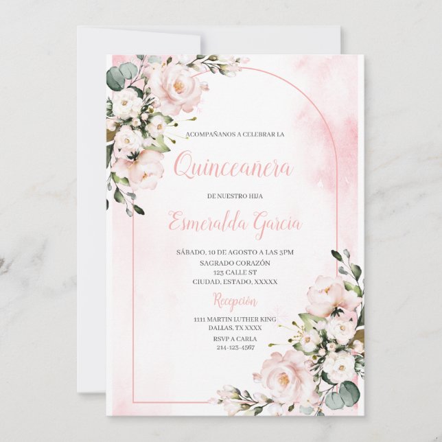 Invitation Première quinceanera rose florale à rousse rose In (Devant)