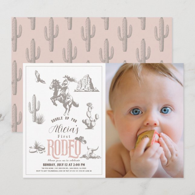 Invitation Première Rodéo Cowgirl rose 1er Anniversaire Photo (Devant / Derrière)