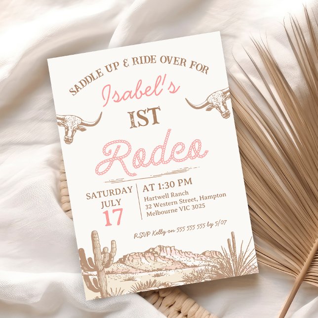 Invitation Première Rodéo des filles roses vintages 1er anniv (Vintage First Rodeo 1st Birthday Invitation Girls, 1st Rodeo Birthday Invite, Any Age, Longhorn Cow)