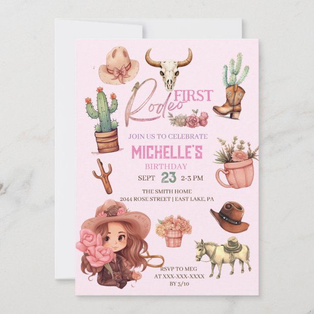 Invitation Première Rodéo Rose Cowgirl Western Anniversaire (Devant)