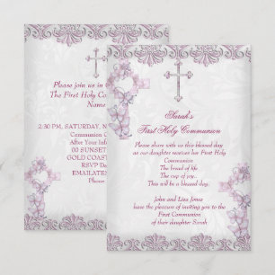 Invitation Première Sainte Communion 1ère Croix Filles Damass