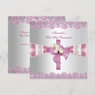 Invitation Première Sainte Communion 1ère Croix Filles Rose b