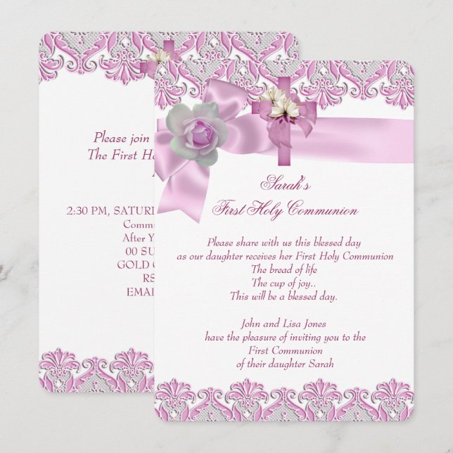 Invitation Première Sainte Communion 1ère Croix Filles Rose b (Devant / Derrière)