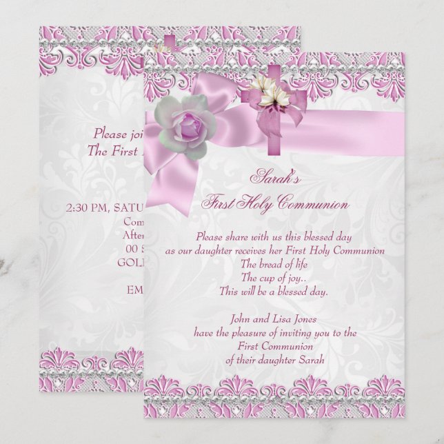 Invitation Première Sainte Communion 1ère Croix Filles Rose b (Devant / Derrière)