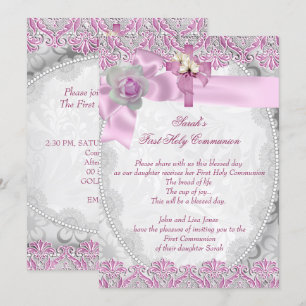 Invitation Première Sainte Communion 1ère Croix Filles Rose b