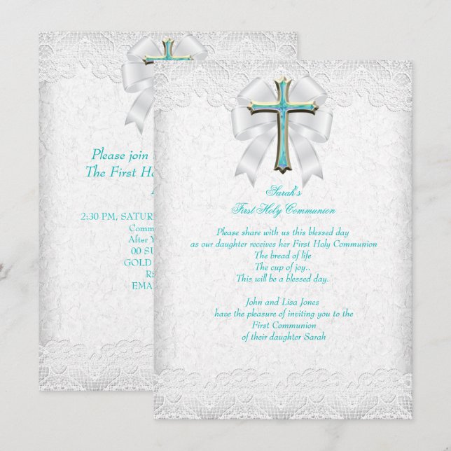 Invitation Première Sainte Communion 1ère Filles Croix Aqua T (Devant / Derrière)