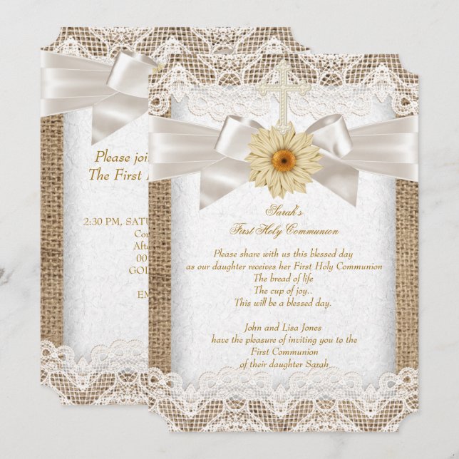 Invitation Première Sainte Communion 1ère Filles Croix Burlap (Devant / Derrière)