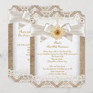 Invitation Première Sainte Communion 1ère Filles Croix Burlap