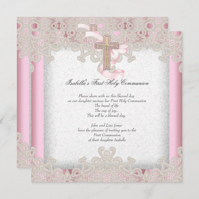 Invitation Première Sainte Communion 1ère Filles Croix rose 7 (Devant / Derrière)