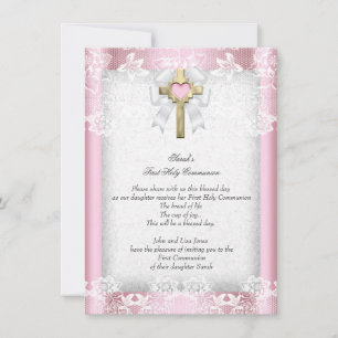 Invitation Première Sainte Communion 1ère Filles Croix Rose 8