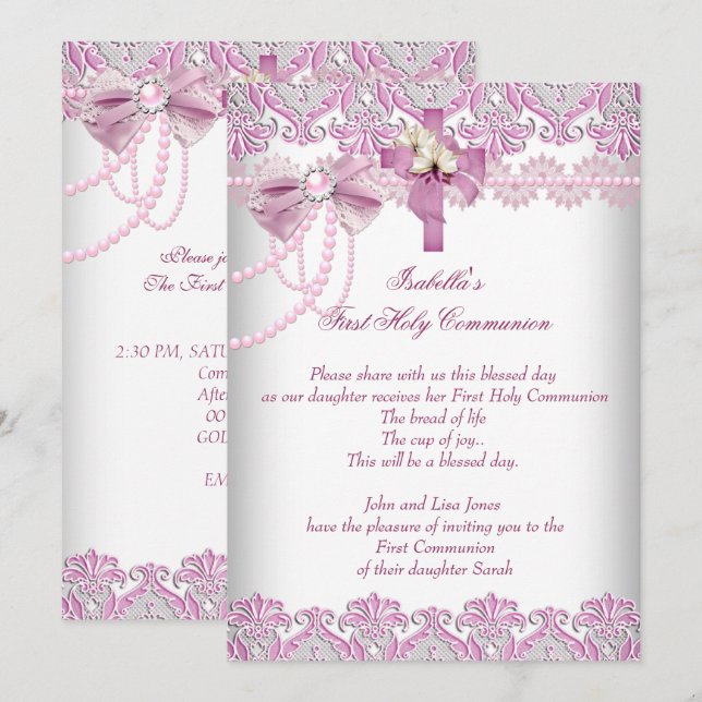 Invitation Première Sainte Communion 1ère Filles Pink Pearl L (Devant / Derrière)