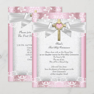 Invitation Première Sainte Communion 1re Filles Croix rose 6