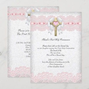 Invitation Première Sainte Communion 1re Filles Croix Rose 9