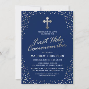 Invitation Première Sainte Communion à paillettes Bleu Marine