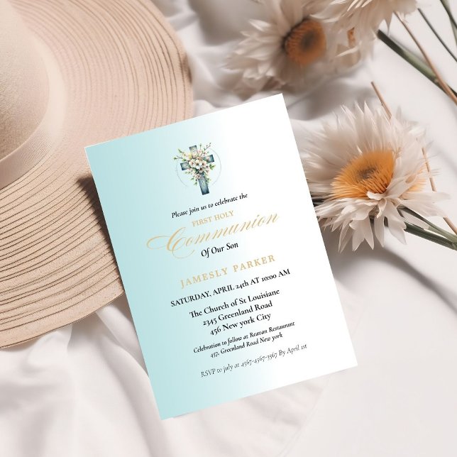 Invitation Première sainte communion aquarelle bleu splash (Créateur téléchargé)