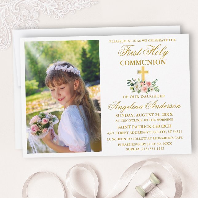 Invitation Première Sainte Communion Aquarelle Rose Floral Or (Créateur téléchargé)