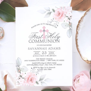 Invitation Première Sainte Communion Aquarelle Rose Rose Girl