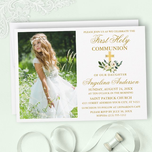 Invitation Première Sainte Communion Aquarelle Vert Floral (Customize to change text size, style, color or to add more text or photos to back of card.)