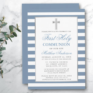 Invitation Première Sainte Communion Argent Dusty Bleu rayé