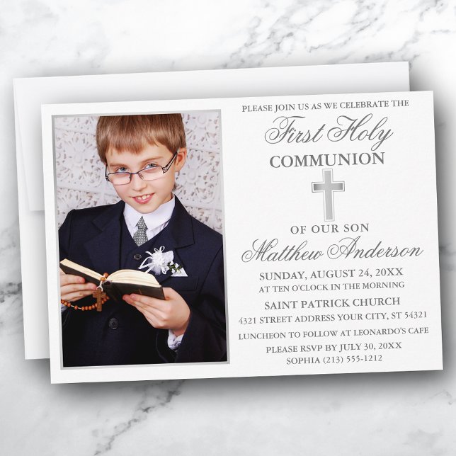 Invitation Première Sainte Communion Argent Frame photo (Customize to change text size, color, style or to add more text to back of card.)