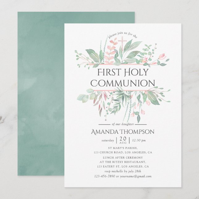 Invitation Première Sainte Communion au pastel rose verdure (Devant / Derrière)