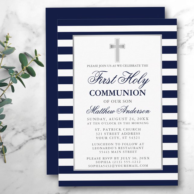 Invitation Première Sainte Communion Bleu Argent rayé (Customize to change text size, color or text style.)
