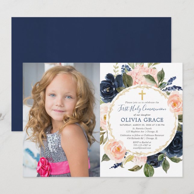 Invitation Première Sainte Communion bleu marine rose rousse  (Devant / Derrière)
