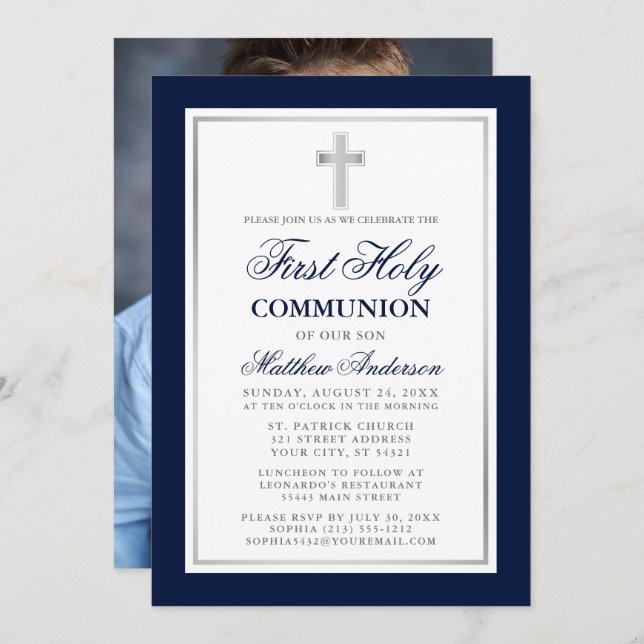 Invitation Première Sainte Communion Blue Silver Photo (Devant / Derrière)