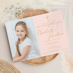 Invitation Première Sainte Communion Blush Pink Gold Script P