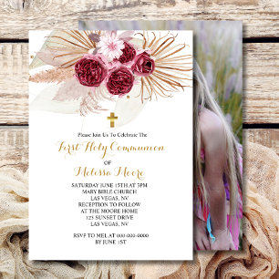 Invitation Première Sainte Communion Boho Bourgogne Pampas Gr