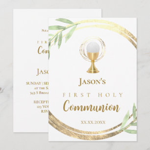 Invitation Première Sainte Communion cercle d'or feuilles ver