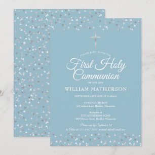 Invitation  Première Sainte Communion Coeurs d'argent moderne