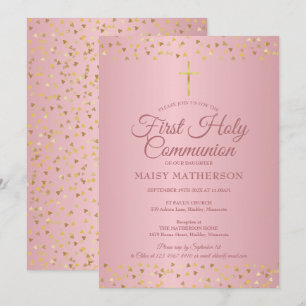 Invitation Première Sainte Communion Cœurs Moderne Or Rose