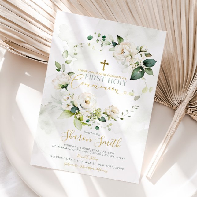 Invitation Première Sainte Communion Croix d'or Blanc Floral (Créateur téléchargé)