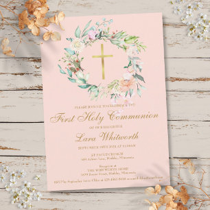 Invitation Première Sainte Communion Croix d'or Blush rose Fl