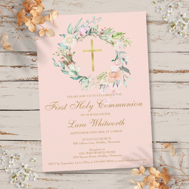 Invitation Première Sainte Communion Croix d'or Blush rose Fl (First Holy Communion Gold Cross Blush Pink Floral Invitation)