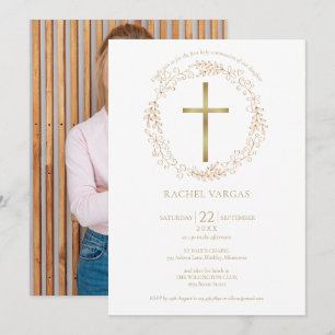Invitation Première Sainte Communion Croix d'or Photo florale