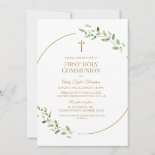 Invitation Première Sainte Communion croix dorée à la verdure