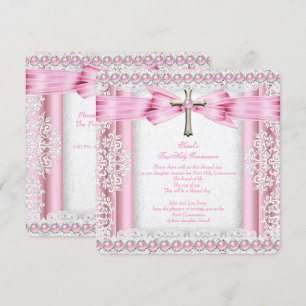 Invitation Première Sainte Communion Croix Fille Joli Rose