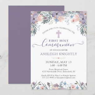 Invitation Première Sainte Communion Croix florale pourpre