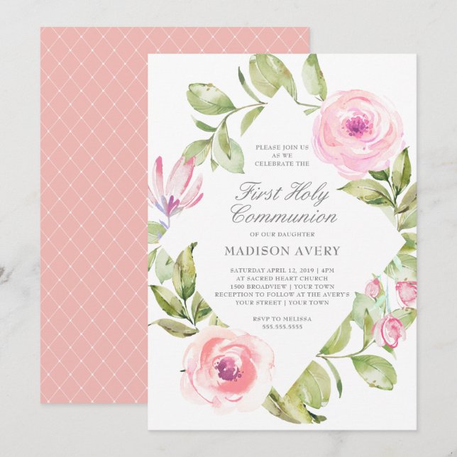 Invitation Première sainte communion de diamant floral rose (Devant / Derrière)