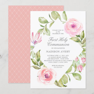 Invitation Première sainte communion de diamant floral rose