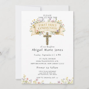 Invitation Première Sainte Communion de Fleurs Sauvages Éléga