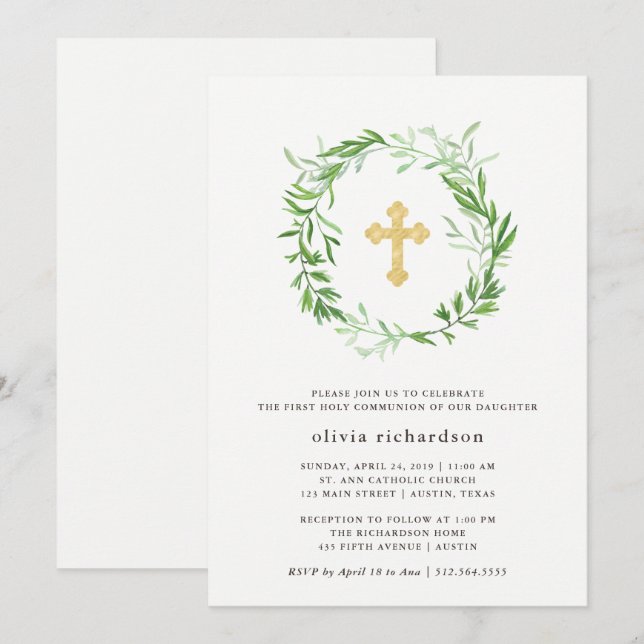 Invitation Première sainte communion de guirlande botanique (Devant / Derrière)
