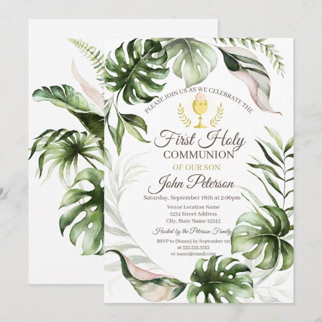 Invitation Première sainte communion des Feuilles tropicaux (Devant / Derrière)