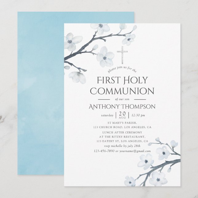 Invitation Première sainte communion des fleurs de cerises bl (Devant / Derrière)