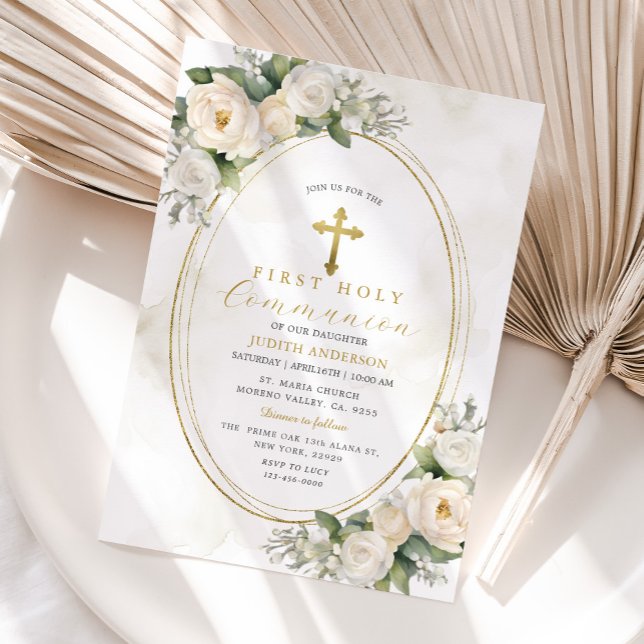 Invitation Première sainte communion des Roses blancs d'ivoir (Créateur téléchargé)