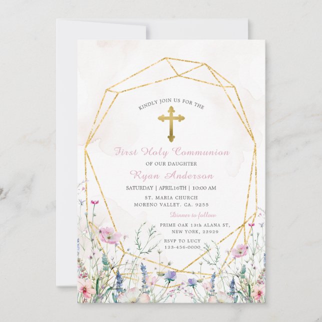Invitation Première sainte communion du Fleur sauvage géométr (Devant)