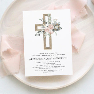 Invitation Première Sainte Communion Dusty Rose Rose Verdure