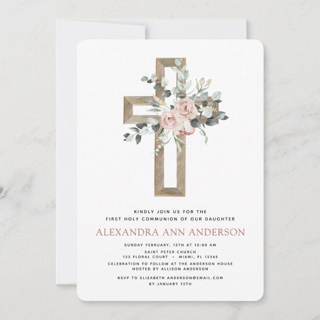 Invitation Première Sainte Communion Dusty Rose Rose Verdure (Devant)